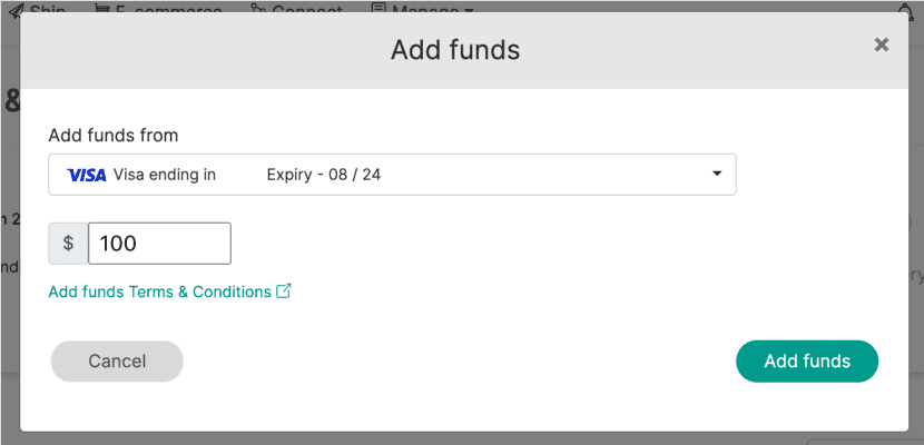 Add funds modal screen